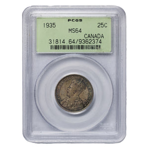 SOLD Canada 1935 25 Cents Quarter Silver Coin - PCGS MS-64 OGH