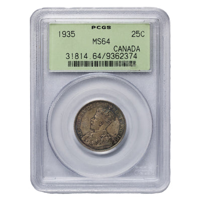 SOLD Canada 1935 25 Cents Quarter Silver Coin - PCGS MS-64 OGH