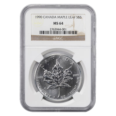 SOLD Canada 1990 1oz .999 Fine Silver Maple Leaf Coin - NGC MS-64