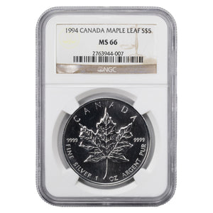 SOLD Canada 1994 1oz .999 Fine Silver Maple Leaf Coin - NGC MS-66