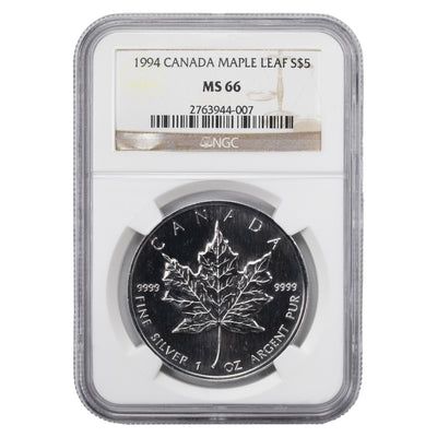 SOLD Canada 1994 1oz .999 Fine Silver Maple Leaf Coin - NGC MS-66