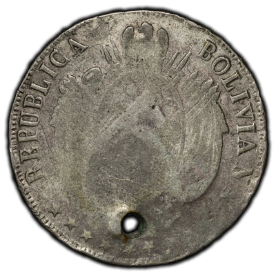 Bolivia 1864 1 Boliviano Silver Coin KM #152.1 - Holed
