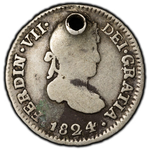 SOLD Bolivia 1824-P.J. Potosi Mint 1/2 Real Silver Coin - Holed