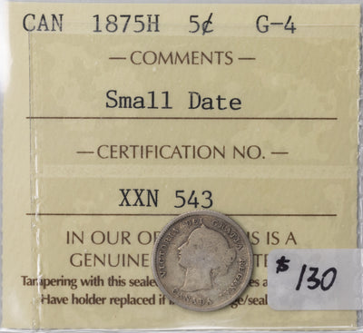 SOLD Canada 1875-H Small Date 5 Cents Silver Coin - ICCS G-4