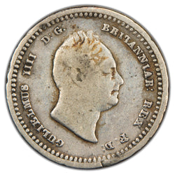 Obverse of an ungraded United Colony of Demerara & Essequibo 1832 1/8 Guilder silver coin (Serial/SKU: SP2970), featuring the draped bust portrait of King William IV facing right, surrounded by the Latin legend "GULIELMUS IV D:G: BRITANNIAR: REX F:D:".