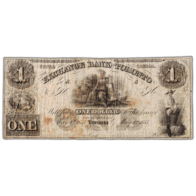 Front view of Exchange Bank of Toronto 1855 one dollar banknote remainder, issue number 255-10-02R, showing light staining.