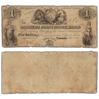 Farmers Joint Stock Bank 1849 one dollar note, issue 280-12-02, inventory fjsb001, stacked view showing both front and back sides, circulated condition.
