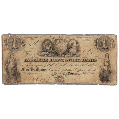 Front view of Farmers Joint Stock Bank 1849 one dollar banknote, catalog number 280-12-02, inventory fjsb001, in circulated condition.