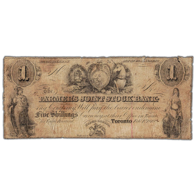 Front view of Farmers Joint Stock Bank 1849 one dollar banknote, catalog number 280-12-02, inventory fjsb003, in circulated condition.