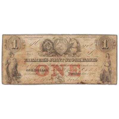 Front view of Farmers Joint Stock Bank 1849 one dollar banknote, issue number 280-14-04-02, inventory fjsb019, in circulated condition.