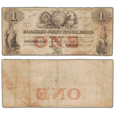 Farmers Joint Stock Bank 1849 one dollar note, catalog 280-14-04-02, inventory fjsb025, stacked view showing both front and back sides, circulated condition.