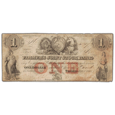 Front view of Farmers Joint Stock Bank 1849 one dollar banknote, issue number 280-14-04-02, inventory fjsb025, in circulated condition.