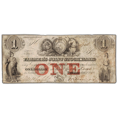Front view of Farmers Joint Stock Bank 1849 one dollar banknote, issue number 280-14-04-02, inventory fjsb029, in circulated condition.