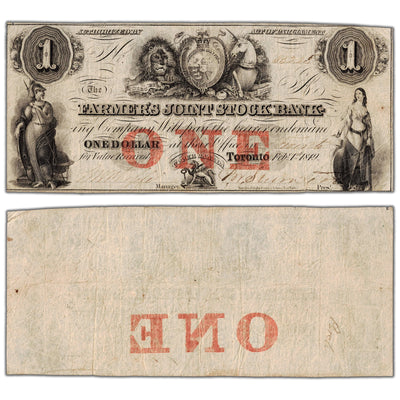 Farmers Joint Stock Bank 1849 one dollar note, catalog 280-14-04-02, inventory fjsb030, stacked view showing both front and back sides, circulated condition.