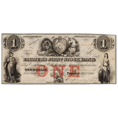 Front view of Farmers Joint Stock Bank 1849 one dollar banknote, issue number 280-14-04-02, inventory fjsb030, in circulated condition.