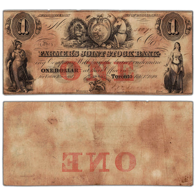 Farmers Joint Stock Bank 1849 one dollar note, catalog 280-14-04-02, inventory fjsb028, stacked view showing both front and back sides, stained condition.