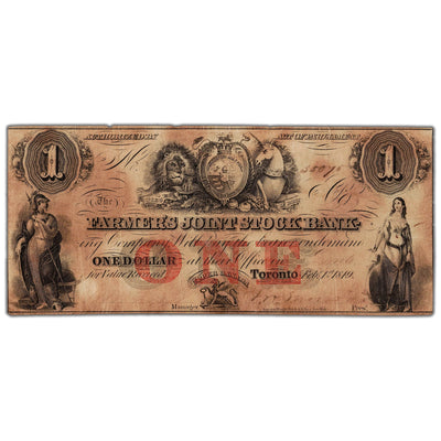 Front view of Farmers Joint Stock Bank 1849 one dollar banknote, issue number 280-14-04-02, inventory fjsb028, showing surface staining.