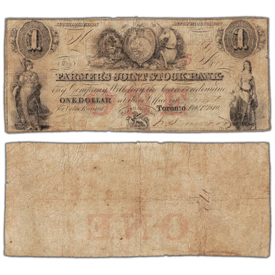 Farmers Joint Stock Bank 1849 one dollar note with 5 overprint, catalog 280-14-04-02, inventory fjsb017, stacked view showing both front and back sides, circulated condition.