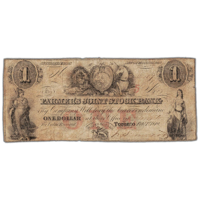 Front view of Farmers Joint Stock Bank 1849 one dollar banknote with 5 overprint, issue number 280-14-04-02, inventory fjsb017, in circulated condition.
