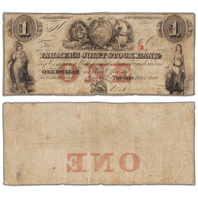 Farmers Joint Stock Bank 1849 one dollar note with 5 overprint, catalog 280-14-04-02, inventory fjsb021, stacked view showing both front and back sides, circulated condition.