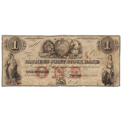 Front view of Farmers Joint Stock Bank 1849 one dollar banknote with 5 overprint, issue number 280-14-04-02, inventory fjsb021, in circulated condition.