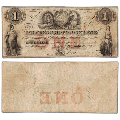 Farmers Joint Stock Bank 1849 one dollar note with 5 overprint, catalog 280-14-04-02, inventory fsjb027, stacked view showing both front and back sides, circulated condition.
