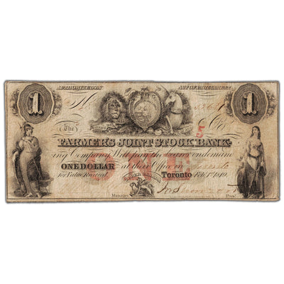 Front view of Farmers Joint Stock Bank 1849 one dollar banknote with 5 overprint, issue number 280-14-04-02, inventory fsjb027, in circulated condition.