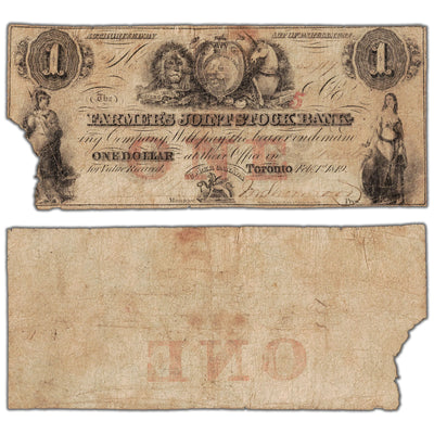 Farmers Joint Stock Bank 1849 one dollar note with 5 overprint, catalog 280-14-04-02, inventory fjsb010, stacked view showing both front and back sides, missing piece condition.