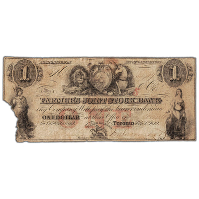 Front view of Farmers Joint Stock Bank 1849 one dollar banknote with 5 overprint, issue number 280-14-04-02, inventory fjsb010, showing a missing piece.
