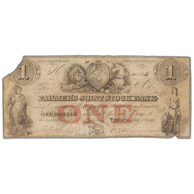 Front view of Farmers Joint Stock Bank 1849 one dollar banknote with 5 overprint, issue number 280-14-04-02, inventory fjsb012, showing a missing piece.