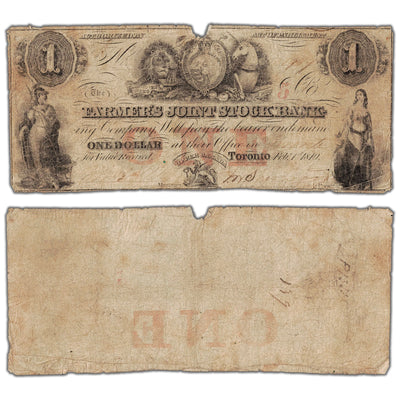 Farmers Joint Stock Bank 1849 one dollar note with 5 overprint, catalog 280-14-04-02, inventory fsjb015, stacked view showing both front and back sides, missing small piece condition.