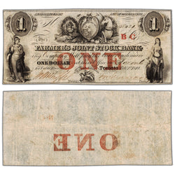 Farmers Joint Stock Bank 1849 one dollar note with BC overprint, catalog 280-14-04-02, inventory fjsb032, stacked view showing both front and back sides, circulated condition.