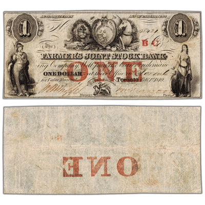 Farmers Joint Stock Bank 1849 one dollar note with BC overprint, catalog 280-14-04-02, inventory fjsb032, stacked view showing both front and back sides, circulated condition.