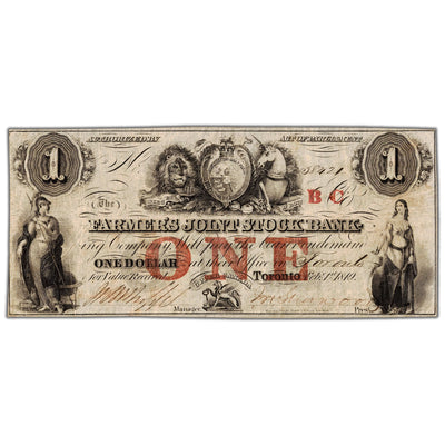Front view of Farmers Joint Stock Bank 1849 one dollar banknote with BC overprint, issue number 280-14-04-02, inventory fjsb032, in circulated condition.