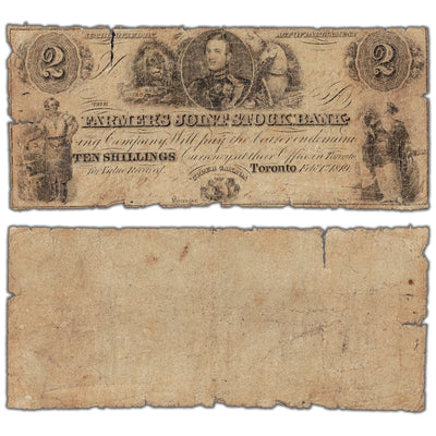 Farmers Joint Stock Bank 1849 two dollar note, issue 280-12-04, inventory fsjb005, stacked view showing both front and back sides, filler condition.