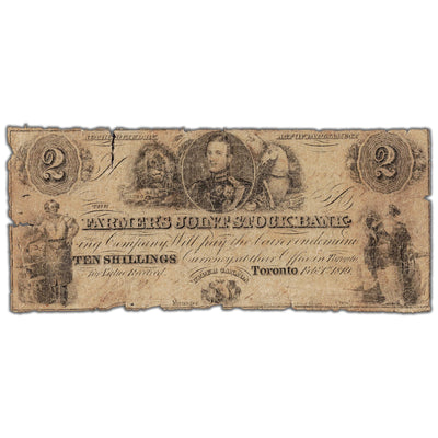 Front view of Farmers Joint Stock Bank 1849 two dollar banknote, catalog number 280-12-04, inventory fsjb005, in filler condition.