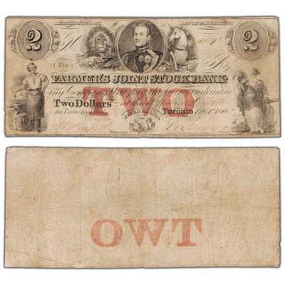 Farmers Joint Stock Bank 1849 two dollar note, catalog 280-14-04-04, inventory fjsb037, stacked view showing both front and back sides, circulated condition.