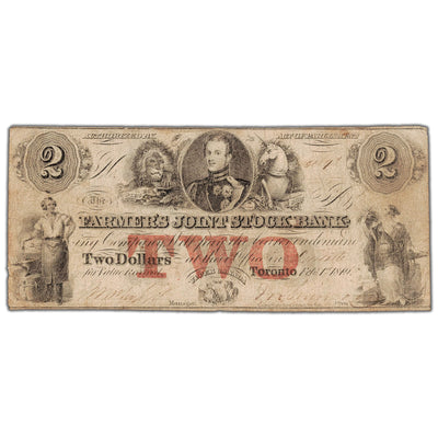 Front view of Farmers Joint Stock Bank 1849 two dollar banknote, issue number 280-14-04-04, inventory fjsb037, in circulated condition.