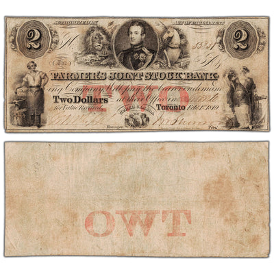 Farmers Joint Stock Bank 1849 two dollar note, catalog 280-14-04-04, inventory fjsb039, stacked view showing both front and back sides, circulated condition.