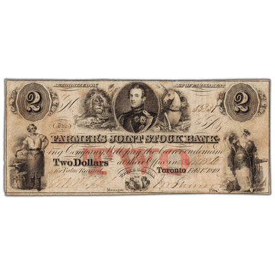 Front view of Farmers Joint Stock Bank 1849 two dollar banknote, issue number 280-14-04-04, inventory fjsb039, in circulated condition.