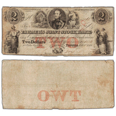 Farmers Joint Stock Bank 1849 two dollar note with OX overprint, catalog 280-14-04-04, inventory fjsb035, stacked view showing both front and back sides, circulated condition.