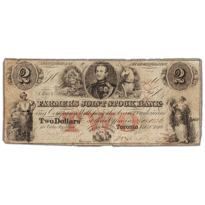 Front view of Farmers Joint Stock Bank 1849 two dollar banknote with OX overprint, issue number 280-14-04-04, inventory fjsb035, in circulated condition.