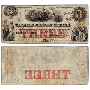 SOLD Farmers Joint Stock Bank 1849 $3 Note BC Overprint #280-14-04-06 - Scarce Issue
