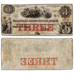 Farmers Joint Stock Bank 1849 three dollar note with BC overprint, catalog 280-14-04-06, serial number 54039, stacked view showing both front and back sides, scarce issue.