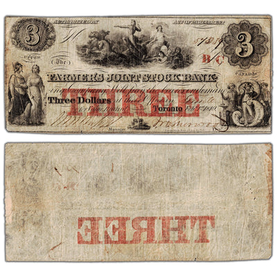 Farmers Joint Stock Bank 1849 three dollar note with BC overprint, catalog 280-14-04-06, serial number 54039, stacked view showing both front and back sides, scarce issue.