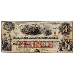 Front view of Farmers Joint Stock Bank 1849 three dollar banknote with BC overprint, scarce issue number 280-14-04-06, serial number 54039.