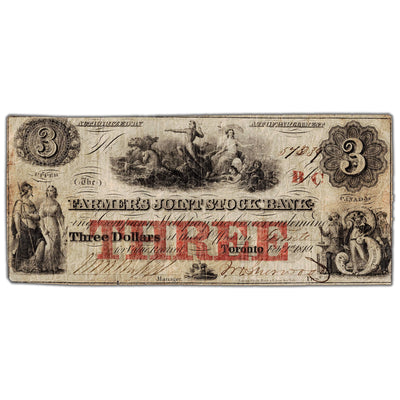 Front view of Farmers Joint Stock Bank 1849 three dollar banknote with BC overprint, scarce issue number 280-14-04-06, serial number 54039.