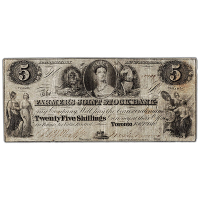 Front view of Farmers Joint Stock Bank 1849 five dollar banknote, issue number 280-12-06, serial number 15599, grading VF.