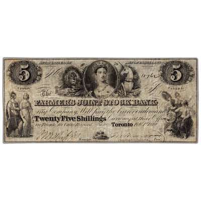 Front view of Farmers Joint Stock Bank 1849 five dollar banknote, issue number 280-12-06, serial number 15762, grading VF with minor pinholes.