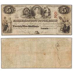 Farmers Joint Stock Bank 1849 five dollar note with OZ overprint, catalog 280-12-06, serial number 11693, stacked view showing both front and back sides, graded Fine to Very Fine condition.